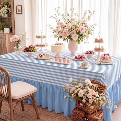 Moukeren 120"x60" Ruffled Tablecloth Table Cover, Blue and White, Striped - Image 4