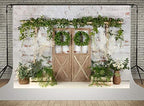 Kate Rustic White Painted Brick Wall Wood Door Photography Backdrops 20x10ft Spring Green Grass and Flowers Photo Backgrounds Baby Shower Backdrop Photoshoot Props by KateBackdropforPhotography
