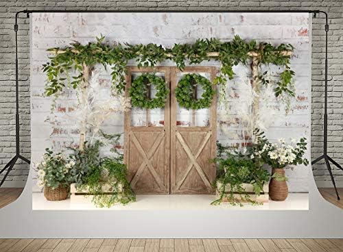Kate Rustic White Painted Brick Wall Wood Door Photography Backdrops 20x10ft Spring Green Grass and Flowers Photo Backgrounds Baby Shower Backdrop Photoshoot Props by KateBackdropforPhotography