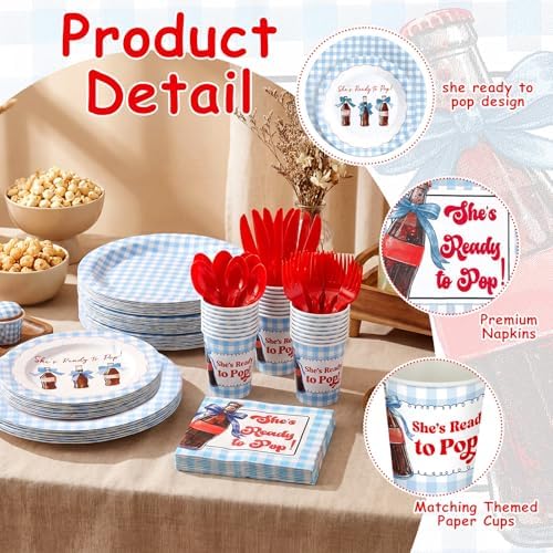 LemonRoad 175 Pcs She's Ready to Pop Baby Shower Party Set Serves 25 Guests, 9'' Dinner Plates 7'' Dessert Plates 9oz Cups Blue Gender Neutral Disposable Tableware for New Baby Welcome Party - Image 4