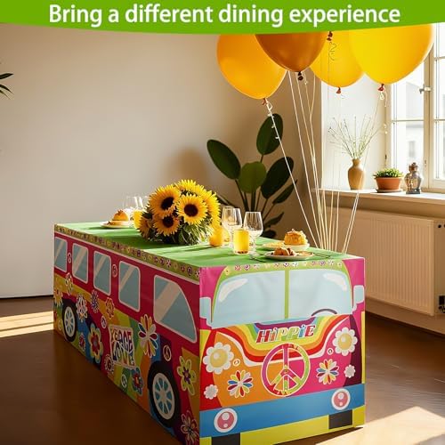 8FT Hippie Groovy Bus Tablecloth,Hippie Birthday Party Decorations for 60s 70s Boho Themed Birthday,Baby Shower,Carnival Party Decorations - Image 6