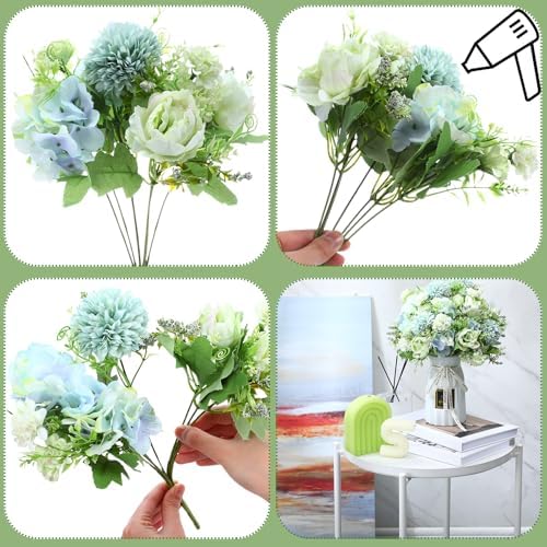Tigeen 12 Bundles Artificial Flowers Bouquet Silk Peonies, White Green - Image 3