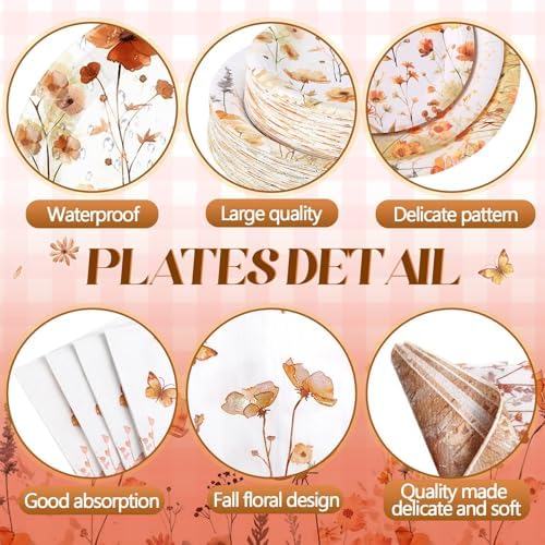400 Pcs Fall Wild Floral Disposable Paper Plates Napkins Cups Serve 50 Floral Tableware Set for Autumn Thanksgiving Harvest Wedding Tea Party Decoration Bridal Shower Baby Shower - Image 2