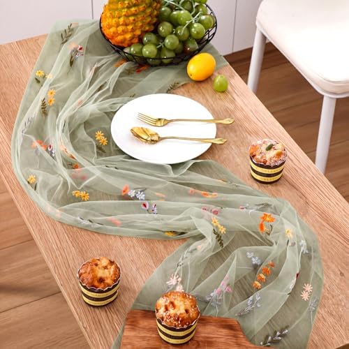 Boao 3 Pcs Wildflower Table Runner Embroidery Tulle Spring Summer Table Runner 120 Inch 10 ft Kitchen Dining Decoration for Wedding Baby Shower Bridal Shower Home Decor Birthday Party (Sage Green) - Image 5