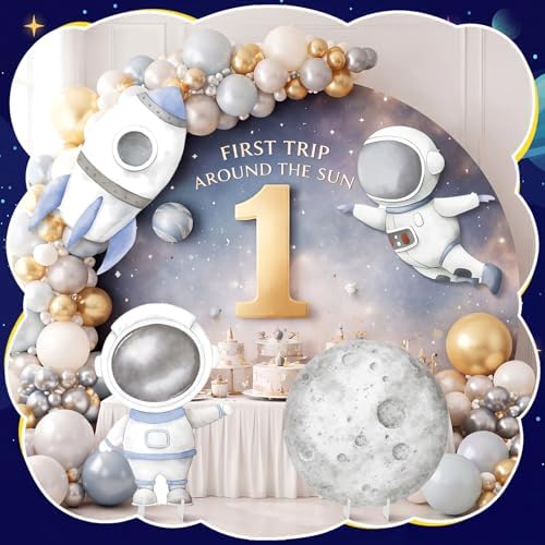 4 Pcs Large First Trip Around The Sun Decoration for Boy Birthday Space Party Cardboard Cutouts, Moon Astronaut Rocket Themed Standups for Baby Shower Photo Booth Backdrop Decor - Image 2