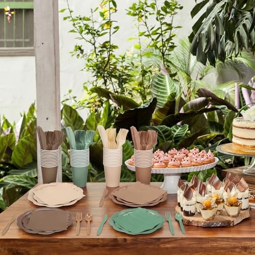 Qinyoung 388 Pcs Woodland Baby Shower Tableware Decorations Include Sage Green Brown Forest Scalloped Plate Paper Napkin Cup Plastic Cutlery for Safari Jungle Neutral Birthday Wedding, Serves 48 - Image 6