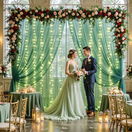10ft x 10ft Hunter Green Tulle Photo Backdrop Curtain with Lights String for Christmas Party Sheer Curtain Backdrop Drapes for Birthday Party Holiday Wedding Photo Booth Background Room Decorations - Image 4