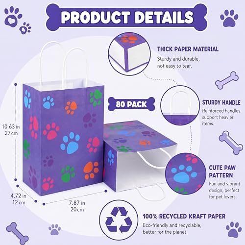 Tenceur 80 Pcs Dog Gift Bags Goodie Paw Puppy Paper Treat Bags Bulk with Handles 10.63 x 4.72 x 7.87 Inch Dog Themed Party Favors Shopping Holiday Kraft (Purple Colorful) - Image 2