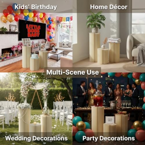 Cylinder Stands for Party, Shape&Use 3PCS Round Cream White Pedestal Display Stands, Foldable Cardboard Columns for Wedding, Birthday, Anniversary Decor, 11.8in Dia. (23.6/31.5/39.4in H) with Storage Bag - Image 3