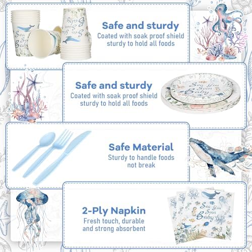 Yungyan Sea Baby Shower Plates Cups Napkins Forks, Dolphin Ocean Theme - Image 4