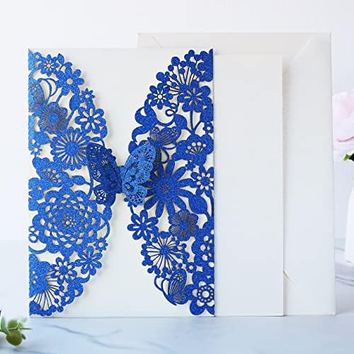 Hosmsua 50pcs Personalized Quinceañera Invitation Kit 5.12 x 7.3 Royal Blue Laser Cut Flora Butterfly Quinceanera Invitations with Envelopes for Wedding Bridal Shower Invite (Royal Blue Glitter) - Image 7