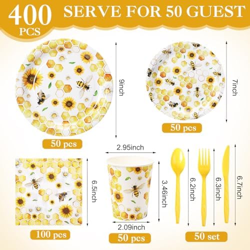 Pickmesh 400 Pcs Bee Sunflower Birthday Party Supplies Plates Serve 50 - Image 2