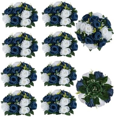 BLOSMON Navy Blue White Flowers for Centerpieces: 10 Pcs, Artificial Roses by Blosmon