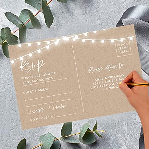 Andaz Press 56-Pack Personalized RSVP Postcards for Wedding Rustic String Lights Cardstock Response Reply Cards for Bridal Shower Baby Shower Birthday Event Custom Date and Return Address 4 x 6-Inch - Image 2
