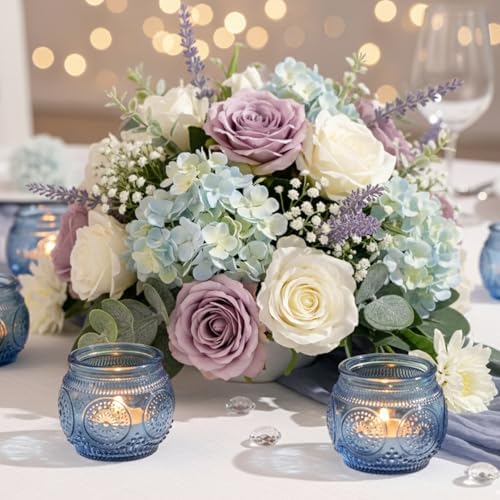 24 Pcs Blue Votive Candle Holders for Bridal Shower Decorations- Floral Style Dusty Blue Candle Holder for Wedding Table Centerpieces, Baby Shower Decor - Image 6