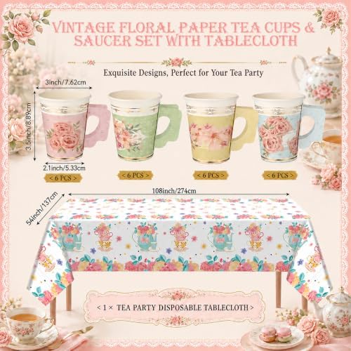 Yungyan 97 Pcs 24 Set Floral Tea Party Supplies, Tea Party Plates and Napkins Set with Tablecloth, Disposable Handle Teacups and Saucers for Birthday Wedding Bridal Shower Decorations (Sweet Style) - Image 3