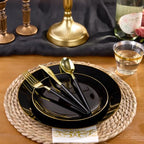 350 Pieces Black Gold Plastic Dinnerware Set, Gold Disposable Plates for Party, Include 100 Black Plates with 150 Plastic Cutlery, 50 Napkins and 50 Cups - Image 3