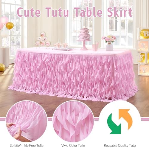 Leegleri 14ft Pink Tutu Table Skirt Tulle Curly Willow Table Skirt for Rectangle&Round Table,Tutu Ruffle Tablecloth for Princess Girls 1st Baby Girl Birthday Party,Baby Shower Decoration,Gender Reveal - Image 4