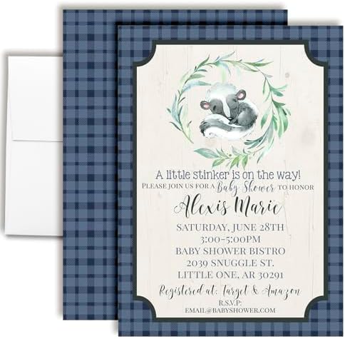 Custom Baby Shower Invites Boy Skunk Baby Shower Invitations 20 5x7 Custom Personalized Skunk Shower Invites With Envelopes - Unique Little Stinker Baby Skunk Theme Shower Cards by AmandaCreation