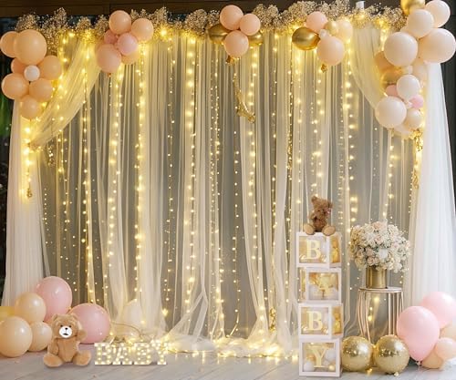 Champagne Sheer Backdrop Curtain with Lights String for Parites Wedding 20×10ft Tulle Backdrop Curtains for Bridal Shower Baby Shower Birthday Party Photo Shoot Decorations(4 Panels 5ft×10ft) - Image 4