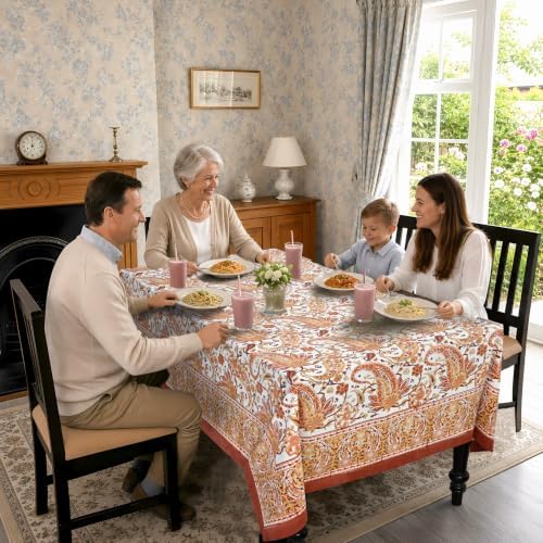 Ridhi Kashmiri Saffron Paisley Hand Block Print Cotton Rectangle Tablecloth 60x60 inch Reusable Table Cover Decorative Everyday Use for Dining Room, Farmhouse, Home Gift for Spring, Summer - Image 4