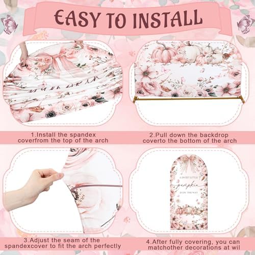Tegeme 7.2ft a Sweet Little Pumpkin Is on The Way Arch Backdrop Cover Fall Baby Shower Girl Decoration Large Pink Bow Pumpkin Floral Backdrop Party Favor for Gender Reveal Party Photo Background Decor - Image 3