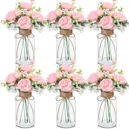 Zeyune 6 Sets Mason Jar Table Centerpiece with Artificial Peony Baby's Breath Flower Centerpieces Faux Flowers with Rope for Wedding Reception Engagement Bridal Shower Rustic Table Decor(Light Pink) by Zeyune