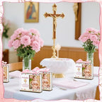 CJiangpo Spanish Baptism Picture Frame - 12 Set Catholic Mi Bautizo Gifts for Girls, Baby Shower Favor Pink Flower Wood Photo Frame with Bows and Clear Plastic Boxes Religious First Communion Decor - Image 4