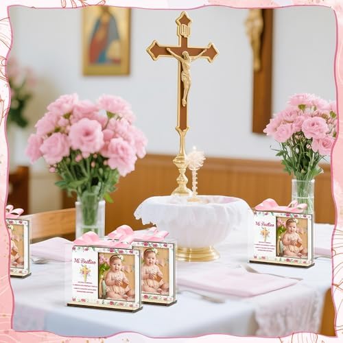 CJiangpo Spanish Baptism Picture Frame - 12 Set Catholic Mi Bautizo Gifts for Girls, Baby Shower Favor Pink Flower Wood Photo Frame with Bows and Clear Plastic Boxes Religious First Communion Decor - Image 4