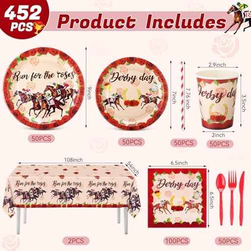 Ceenna 452 Pcs Derby Day Party Supplies for 50 Guests, Run for the Roses Derby Paper Plates Napkins Cups Tablecloth Cutlery Straw Disposable Tableware for Horse Racing Day Party Decorations - Image 2