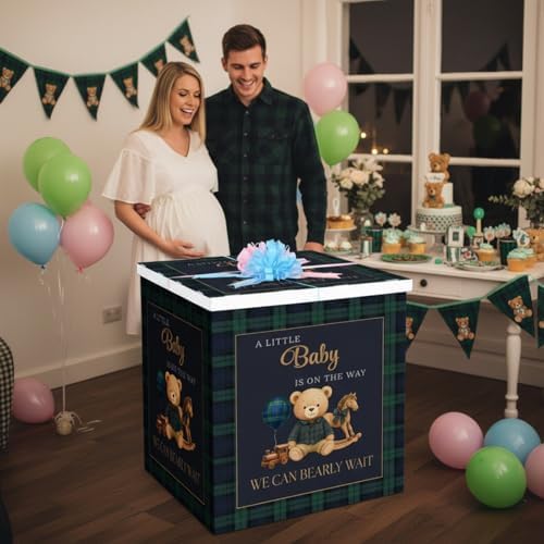 AmazingSpark 28in Giant Gender Reveal Gift Box with Lid Kit Oversized Gender Reveal Balloon Box Large Pull Bows for Baby Shower Birthday Party Decor(Tartan Plaid Bear) - Image 5