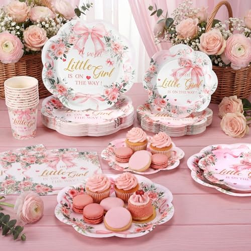 Newtay 250 Pcs a Sweet Little Girl Is on The Way Baby Shower Plates Napkins - Image 2