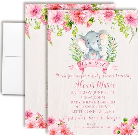 Custom Baby Shower Invites Pink Dahlia Flowers Elephant Invitation 20 5x7 Personalized Watercolor Dahlia Elephant Invites With Envelopes - Unique Girl Watercolor Dahlia Elephant Baby Shower Cards by AmandaCreation