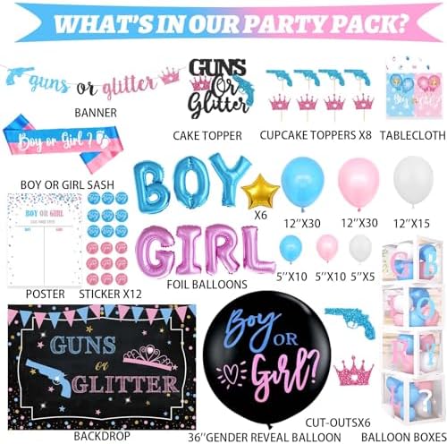 Hombae Guns or Glitter Gender Reveal Decorations, 169 PCs Boy or Girl Gender Reveal Decorations What Will Baby Be Backdrop Balloon Garland Banner Tablecloth Cake Cupcake Topper Cutout Poster Sash - Image 2