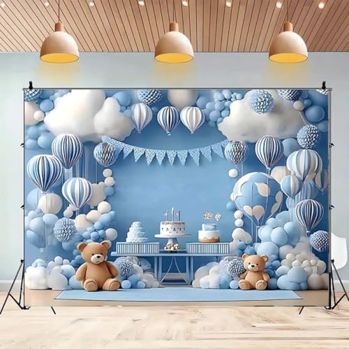 Blue Hot Air Balloon Bear Baby Shower Birthday Backdrop Newborn Baby Blue Birthday Background Party Decoration for Boys Girls Perfect for Indoor/Outdoor Parties, Weddings & More (A, 8x6feet) - Image 4