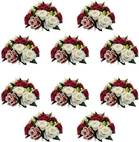 10Pcs Rose Balls for Centerpieces (Burgundy & Dusty Rose & White) by QUTUNI