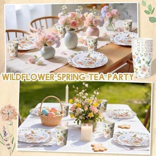 Pickmesh 250 Pcs Spring Wildflower Decoration Floral Hummingbird Themed Disposable Paper Plates Napkins and Cups Dinner Tableware for Birthday Party Dinnerware Birthday Baby Shower Tea Party Supplies - Image 5
