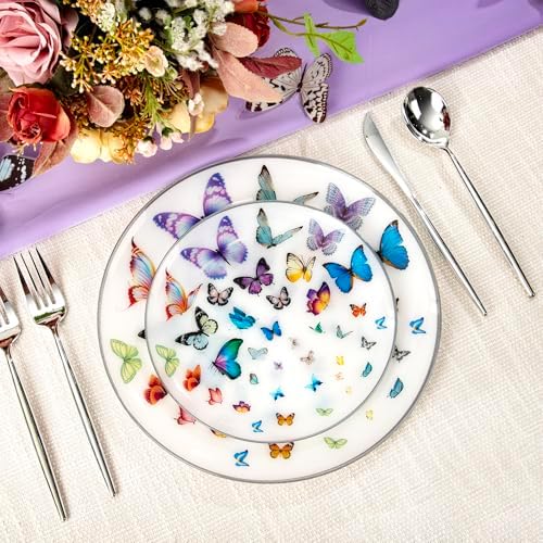 LIYH Silver Rim White 60 Pcs Heavy Duty Plastic Butterfly Plates Wedding - Image 4