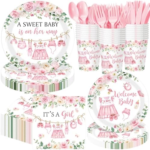 Pickmesh 400 Pcs Floral Baby Shower Party Decoration Paper Plates Serve 50 by Pickmesh