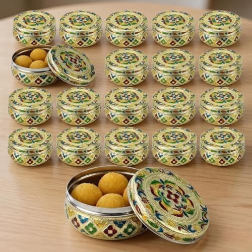 LOVENSPIRE Meenakari Stainless Steel Storage Box with Lid (250gm) Decorative Round Indian Food Container for Sweets, Kitchen Items & Return Gift Favors Pack of 20 by LOVENSPIRE