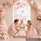 7.2ft Welcome Baby Pink Floral Arch Backdrop Covers Watercolor Butterfly Bow Stretchy Spandex Covers for Girl Baby Shower Gender Reveal Birthday Party Decorations - Image 6