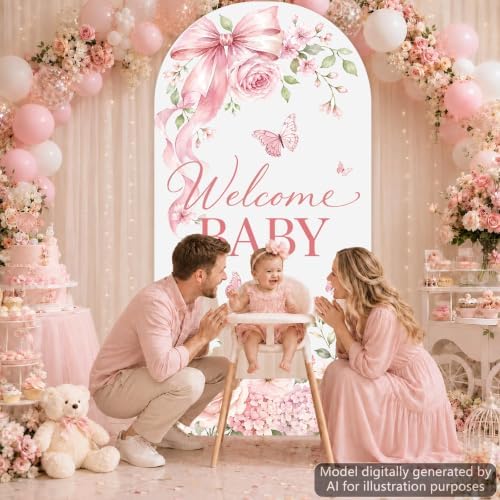 7.2ft Welcome Baby Pink Floral Arch Backdrop Covers Watercolor Butterfly Bow Stretchy Spandex Covers for Girl Baby Shower Gender Reveal Birthday Party Decorations - Image 6