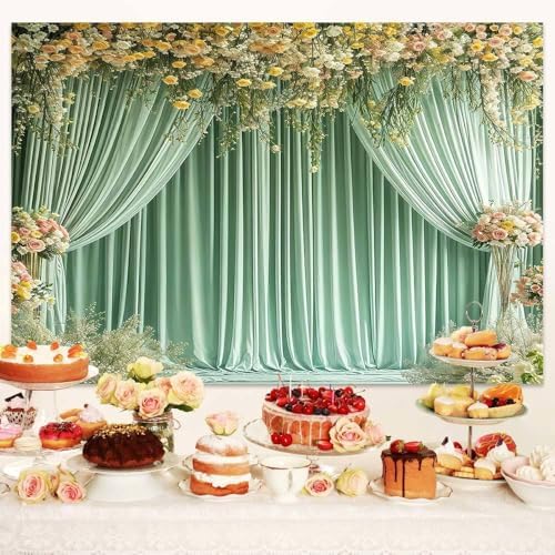 20X10FT Sage Green Backdrop Curtain for Wedding Pink Flower Floral Bridal Party Background Baby Shower Birthday Party Decorations Anniversary Ceremony Banner Photography Photo Booth Props - Image 3