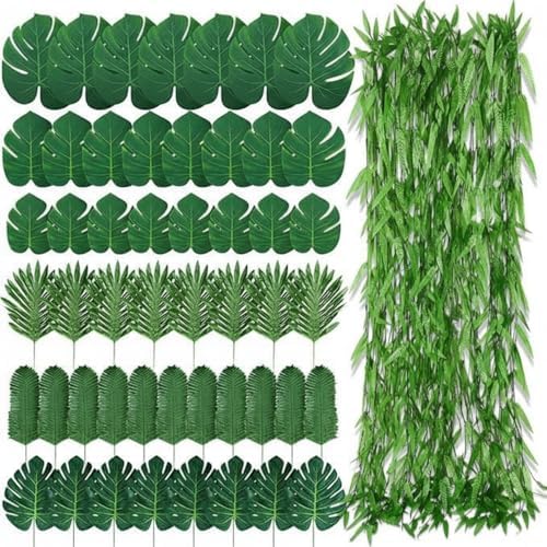 XunYee 110 Pcs Total 295 ft Jungle Theme Party Decoration, Tropical and Monstera Palm Leaves, Fake Wicker Rattan Vines, Fake Greenery Faux Leaves for Baby Shower Safari Party Decoration Set by XunYee