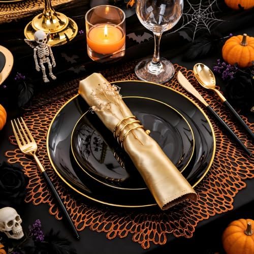 Supernal Black and Gold Plastic Plates,Heavy Duty Disposable Dinnerware Set - Image 4