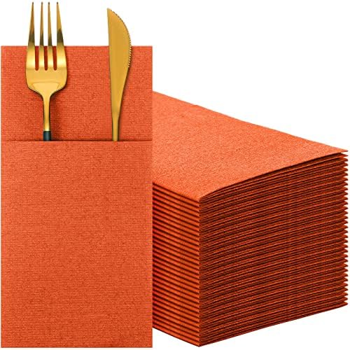 Cindeer 150 Pcs Orange Linen Dinner Napkins with Built in Flatware by Cindeer