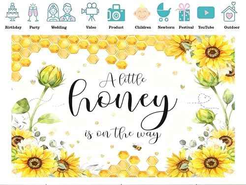 12x8ft Fabric Sunflower Honey Theme Baby Shower Backdrop Banner, Yellow Floral Photography Background with Honeycomb Design, A Little Honey is on The Way Party Decoration - Image 3