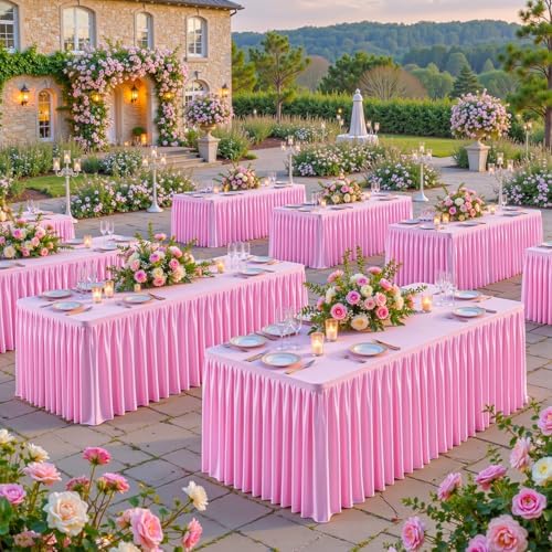 Pink Polyester Table Cloths for Rectangle 8 Foot Tables, 2 Pack Wrinkle Free Tablecloths Stretchy Banquet Ruffle Fitted Table Cover Desk Skirt for Parties Wedding Birthday Baby Shower - Image 2
