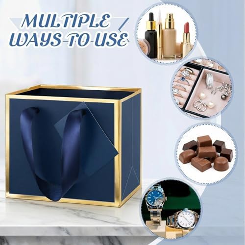Yeaqee 100 Pcs Mini Metallic Paper Gift Bags with Handle, Navy Blue, Gold - Image 3