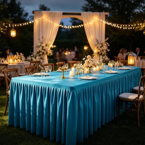 Turquoise Tablecloth Rectangle Tables 6FT, Polyester Wrinkle Free Stretch Table Cloth 6ft Fitted Table Cover with Pleated Ruffle Skirt for Weddings Birthday Banquet Baby Shower - Image 3